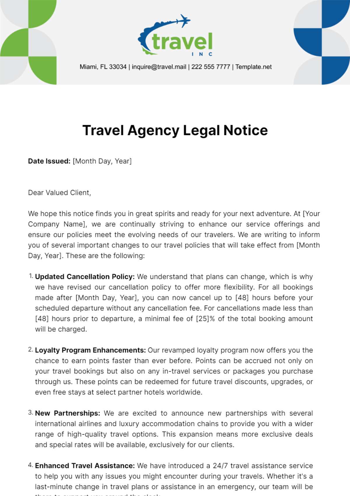 Travel Agency Legal Notice Template