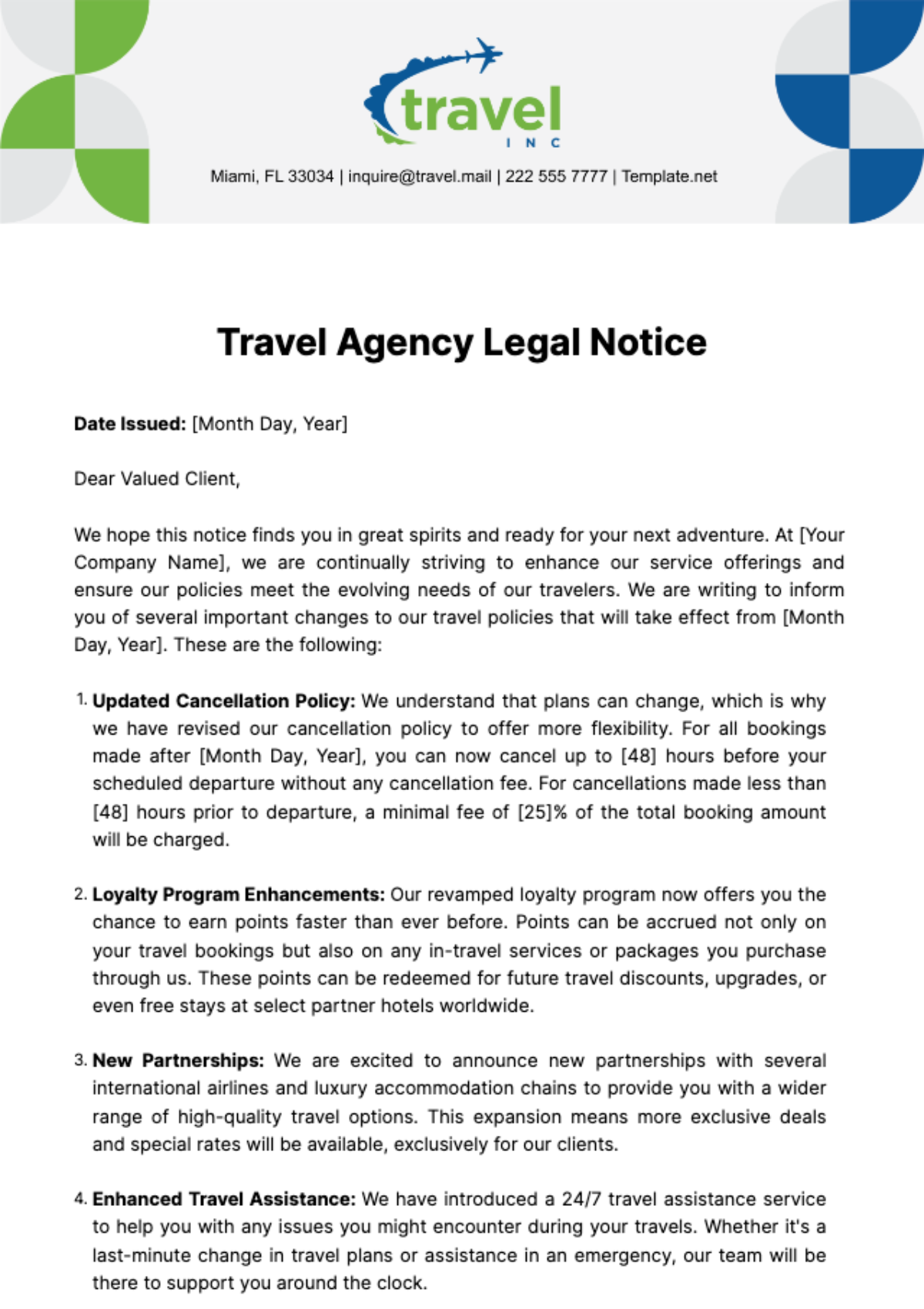 Free Travel Agency Legal Notice Template