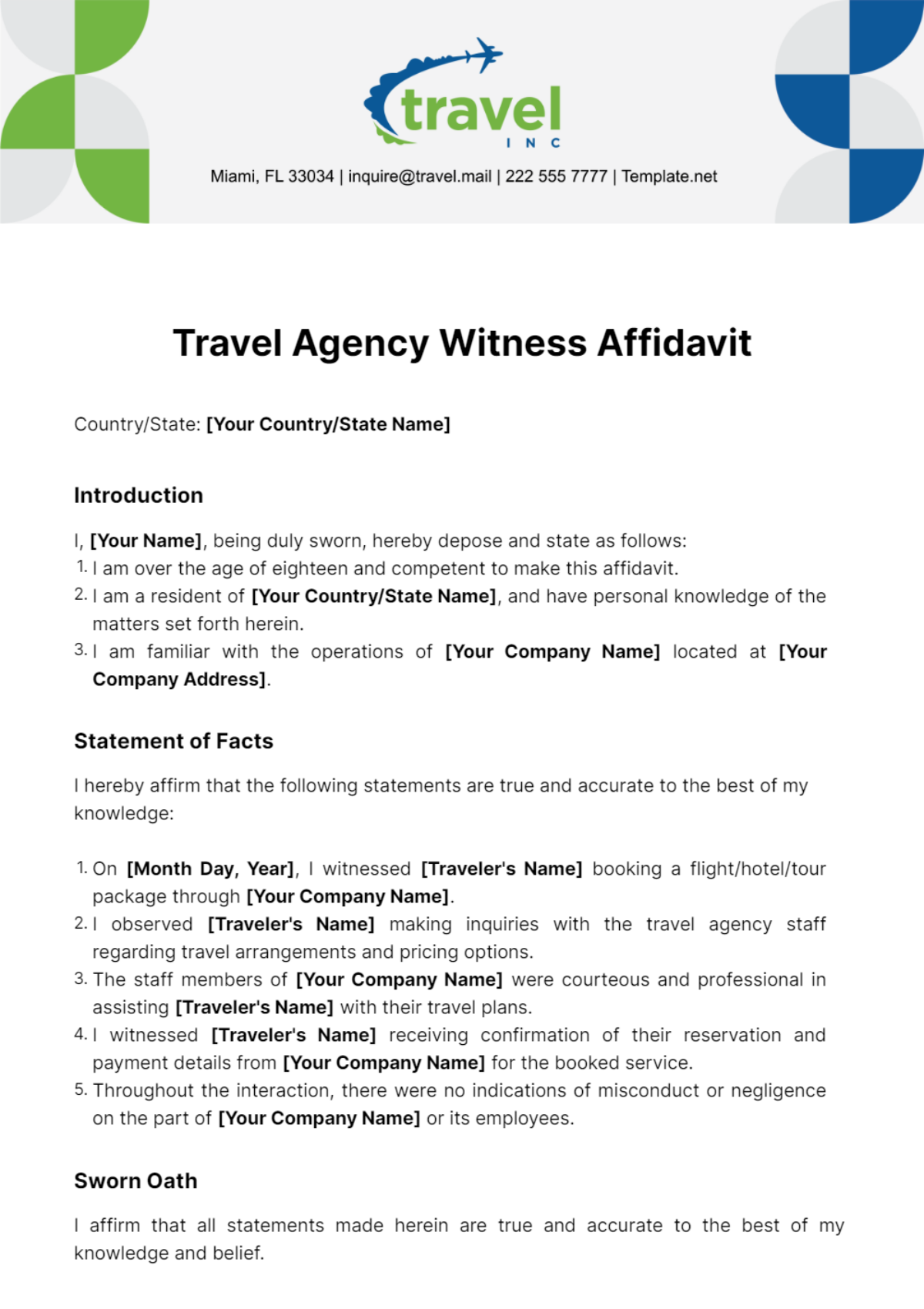 Travel Agency Witness Affidavit Template