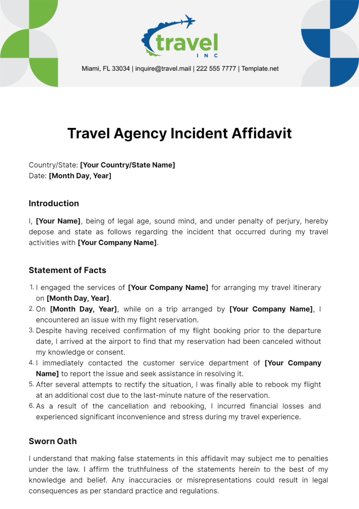 Travel Agency Incident Affidavit Template