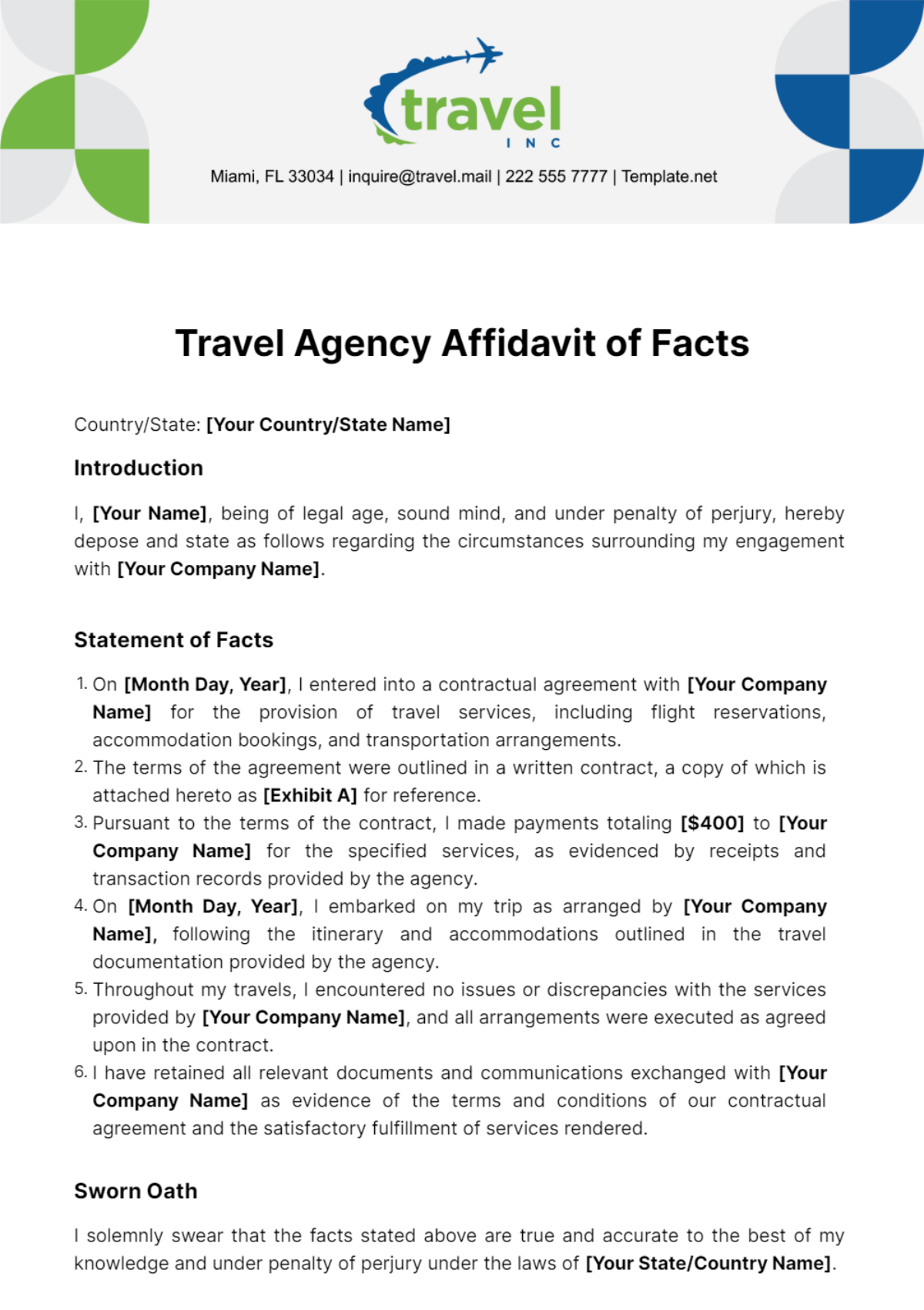 Travel Agency Affidavit of Facts Template