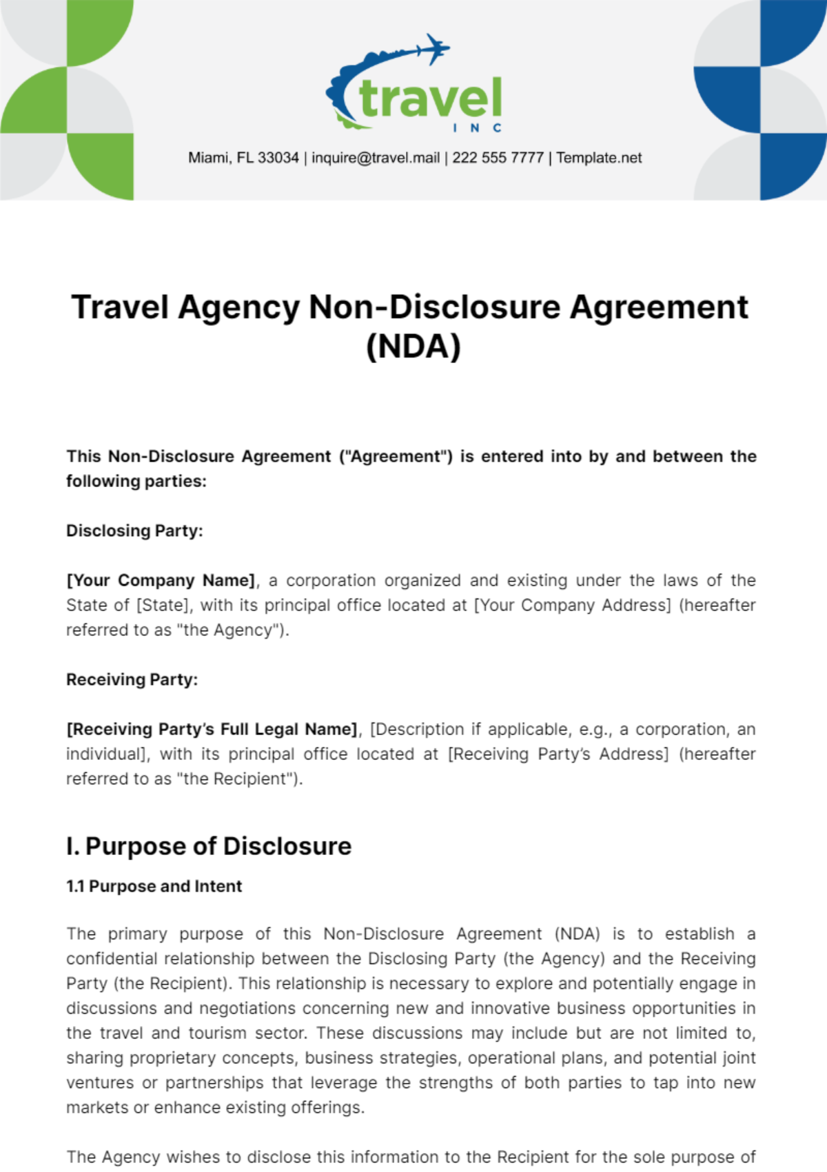 Travel Agency Non-Disclosure Agreement Template