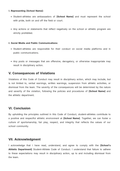 Free School Student-Athlete Code of Conduct Template to Edit Online