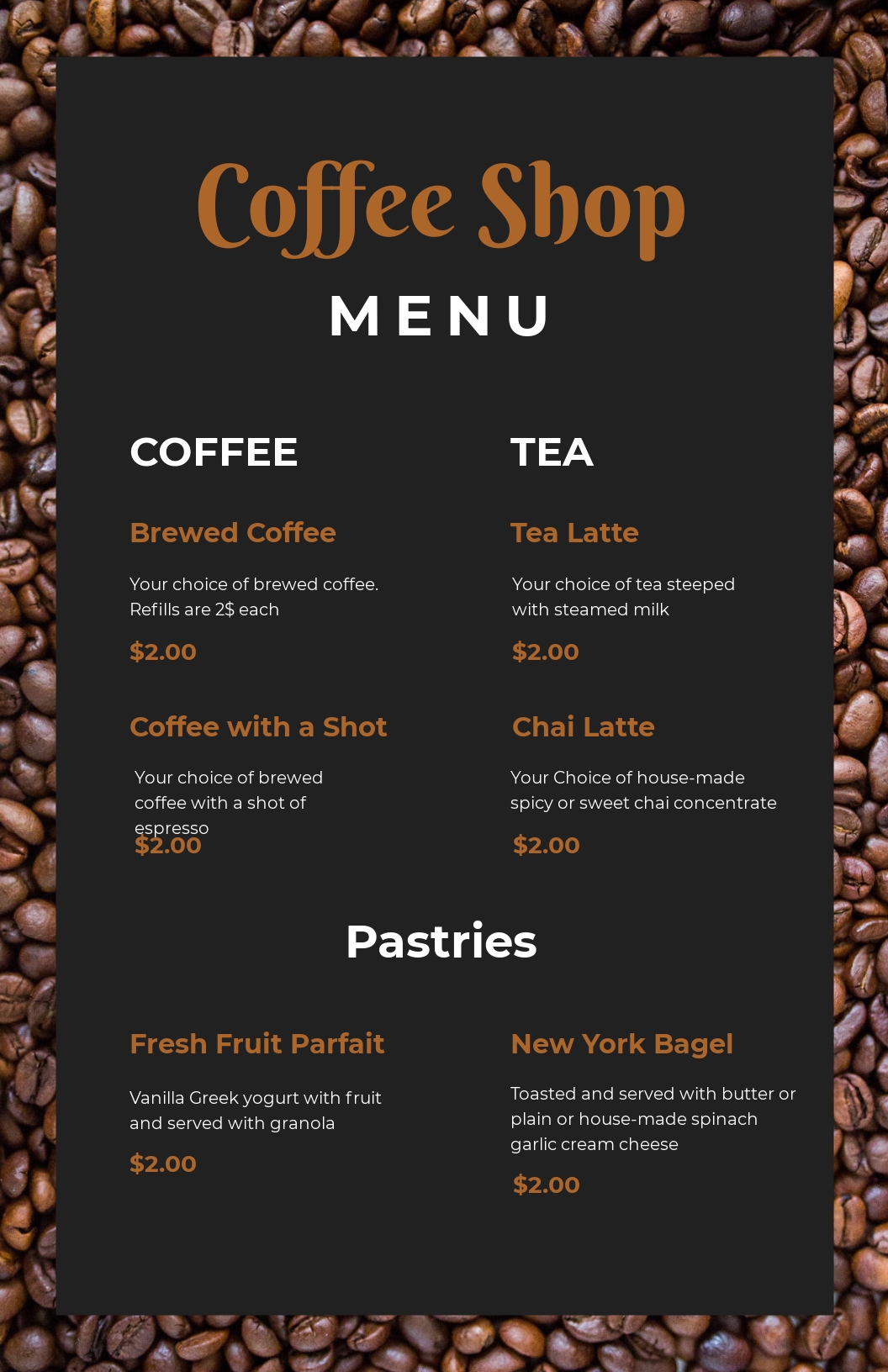 Printable Coffee Shop Menu