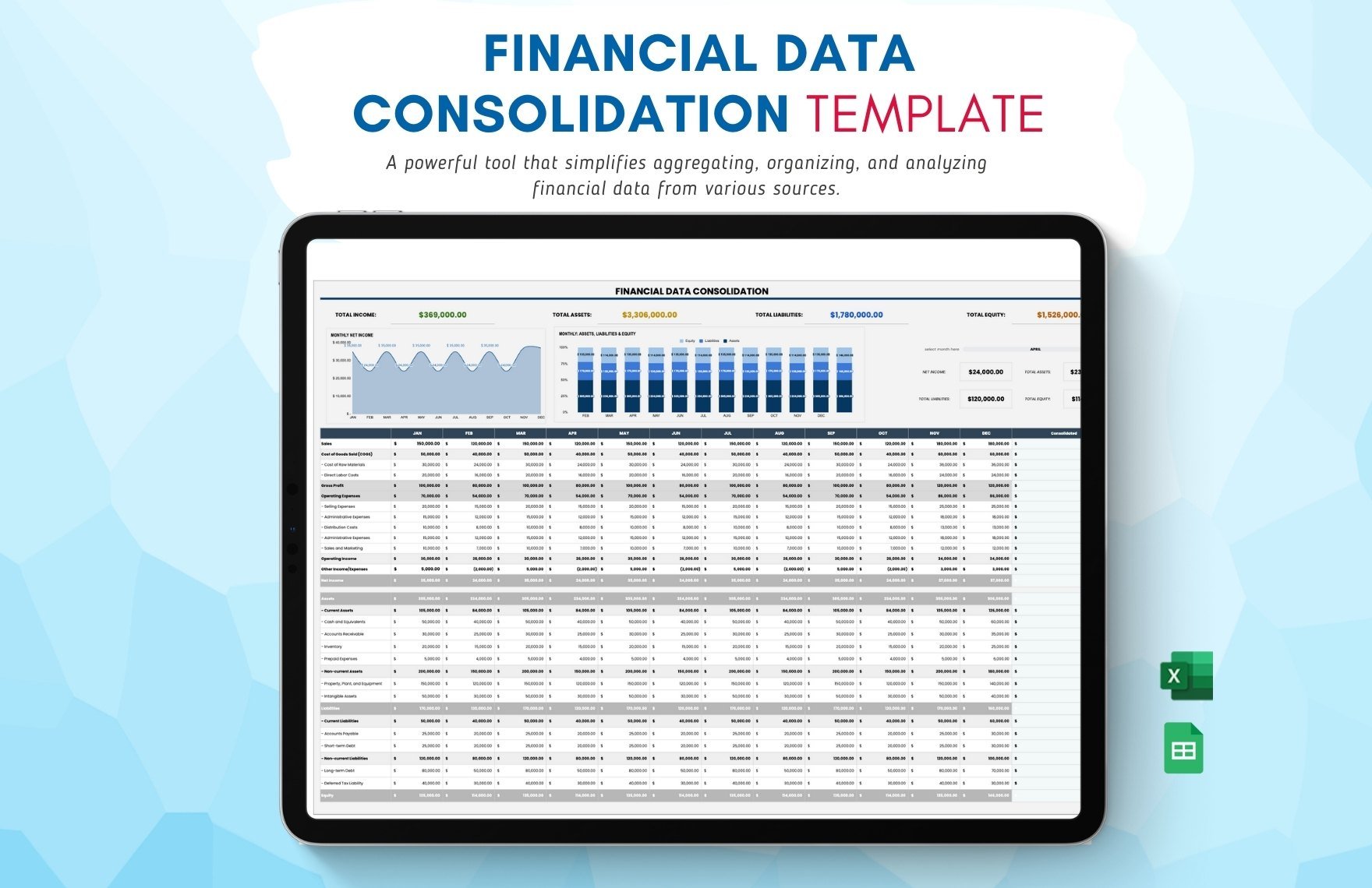 Financial Data Consolidation Template in Excel, Google Sheets