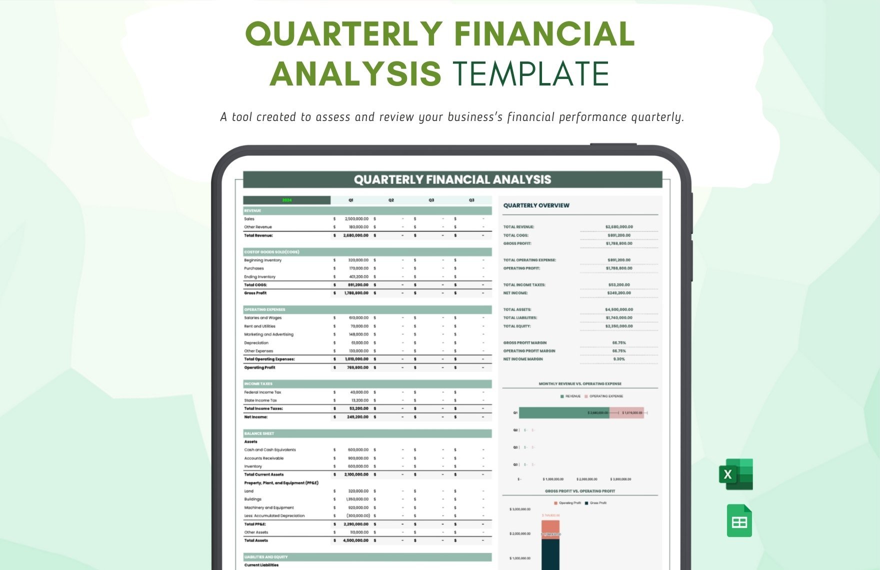 Quarterly Financial Analysis Template in Excel, Google Sheets