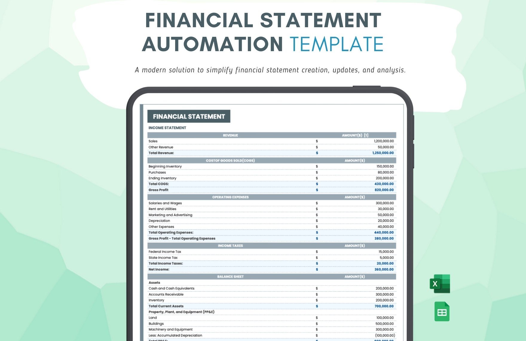 Financial Statement Automation Template in Excel, Google Sheets