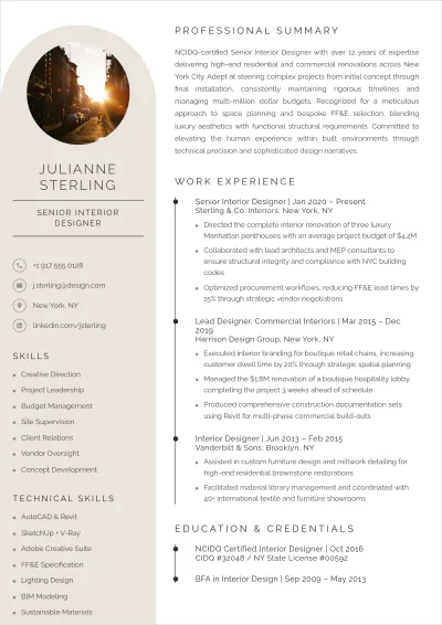 Free ATS CV Interior Design Header Template, AI CV Builder