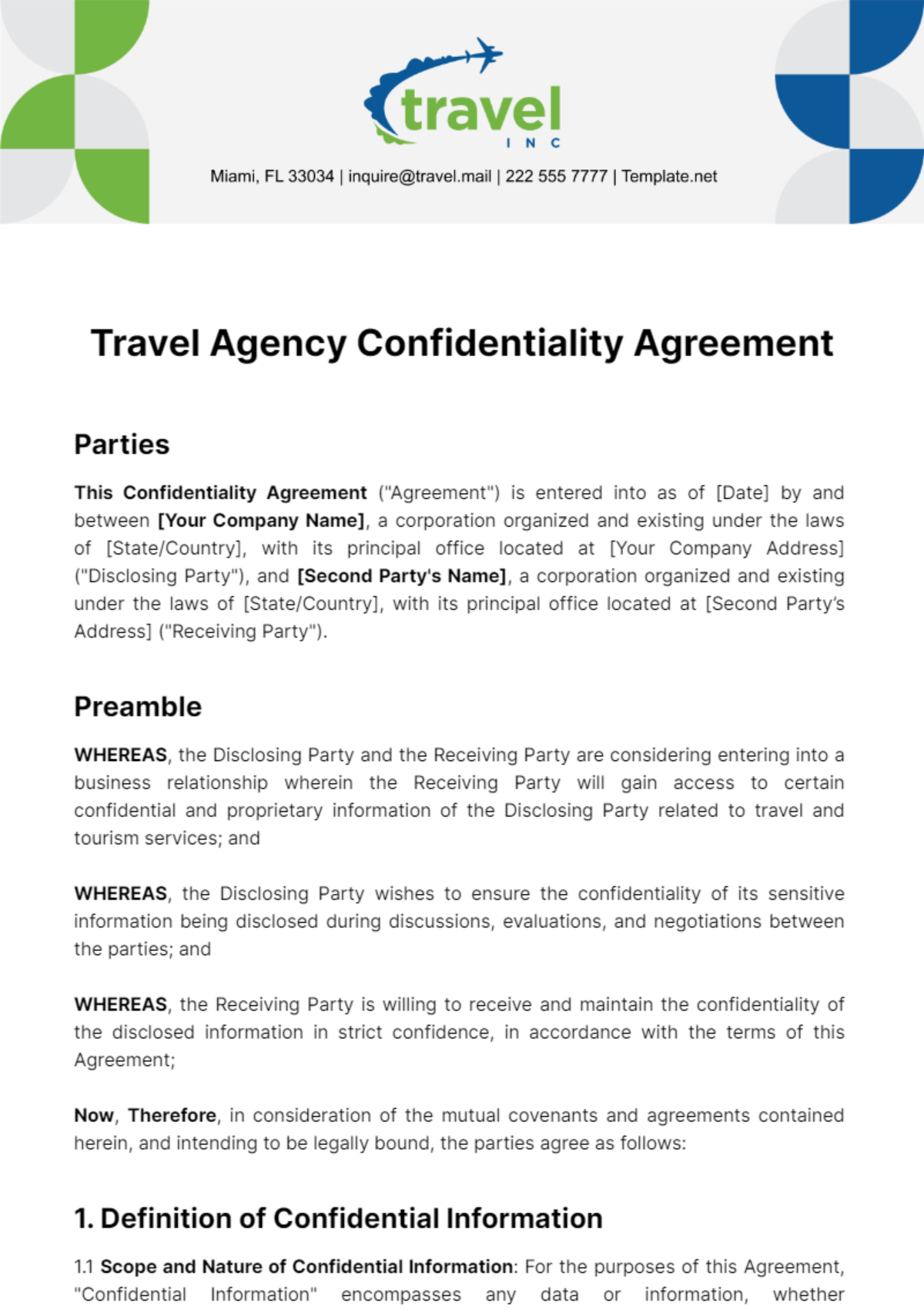 Free Travel Agency Confidentiality Agreement Template