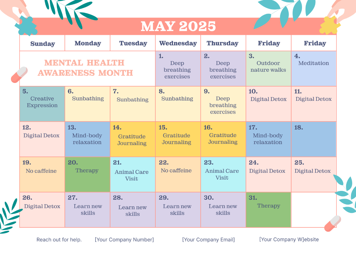Free Mental Health Awareness Month Calendar Template