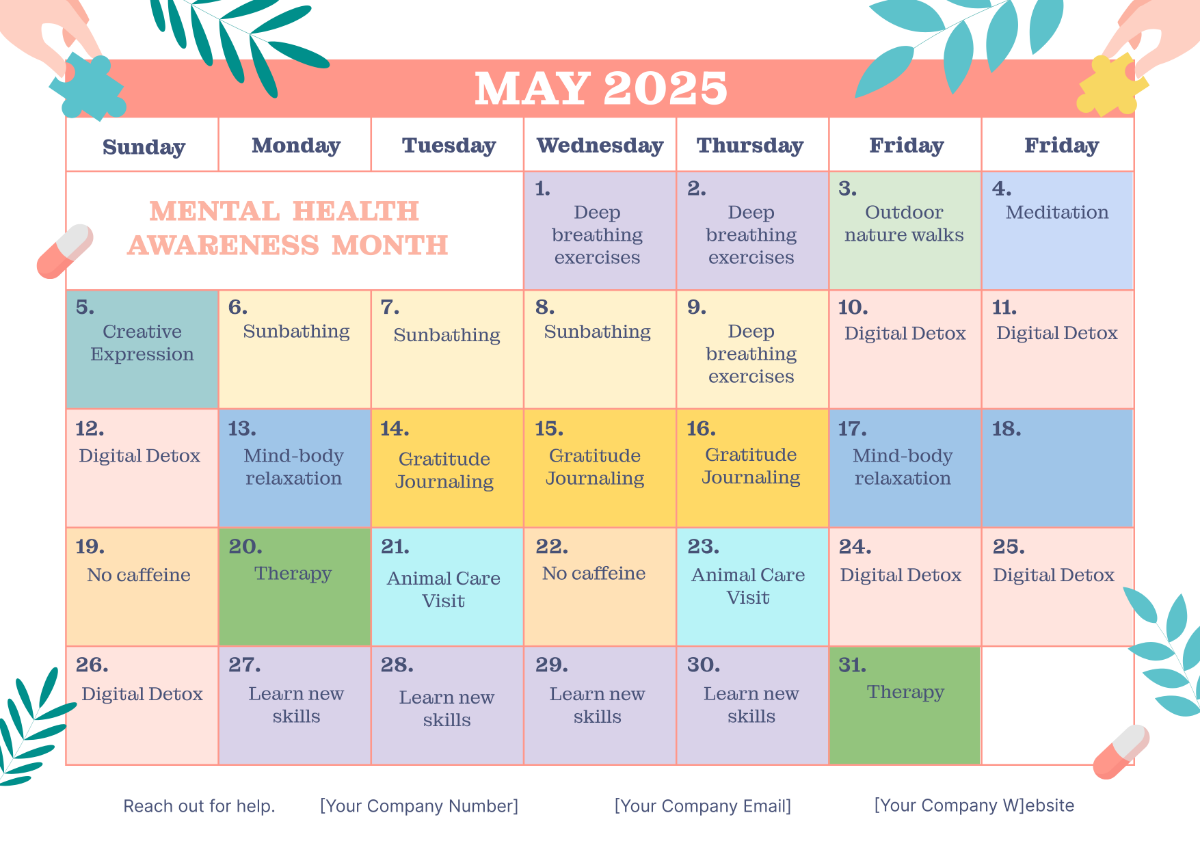 Mental Health Awareness Month Calendar Template Edit Online