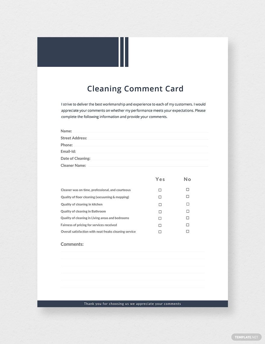 Cleaning Comment Card Template