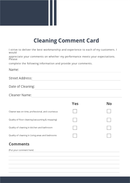 Free Cleaning Comment Card Template.jpe
