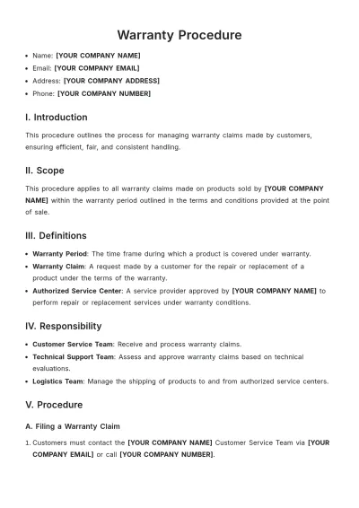 Free Warranty Procedure Template to Edit Online