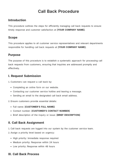 Free Call Back Procedure Template to Edit Online