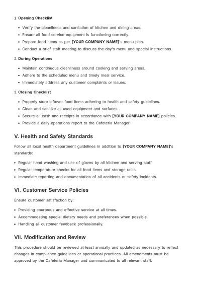 Free Cafeteria Procedure Template to Edit Online