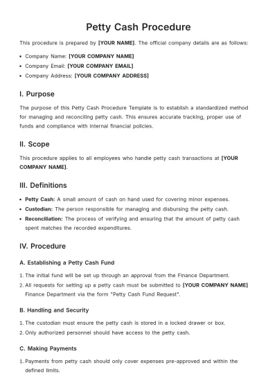 Free Petty Cash Procedure Template to Edit Online