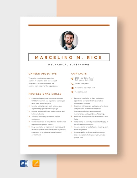Free Mechanical Supervisor Resume Template - Word, Apple Pages