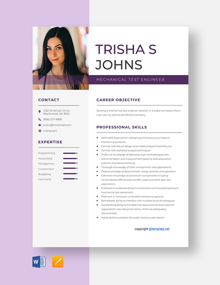 Mechanical Test Engineer Resume Template - Word, Apple Pages