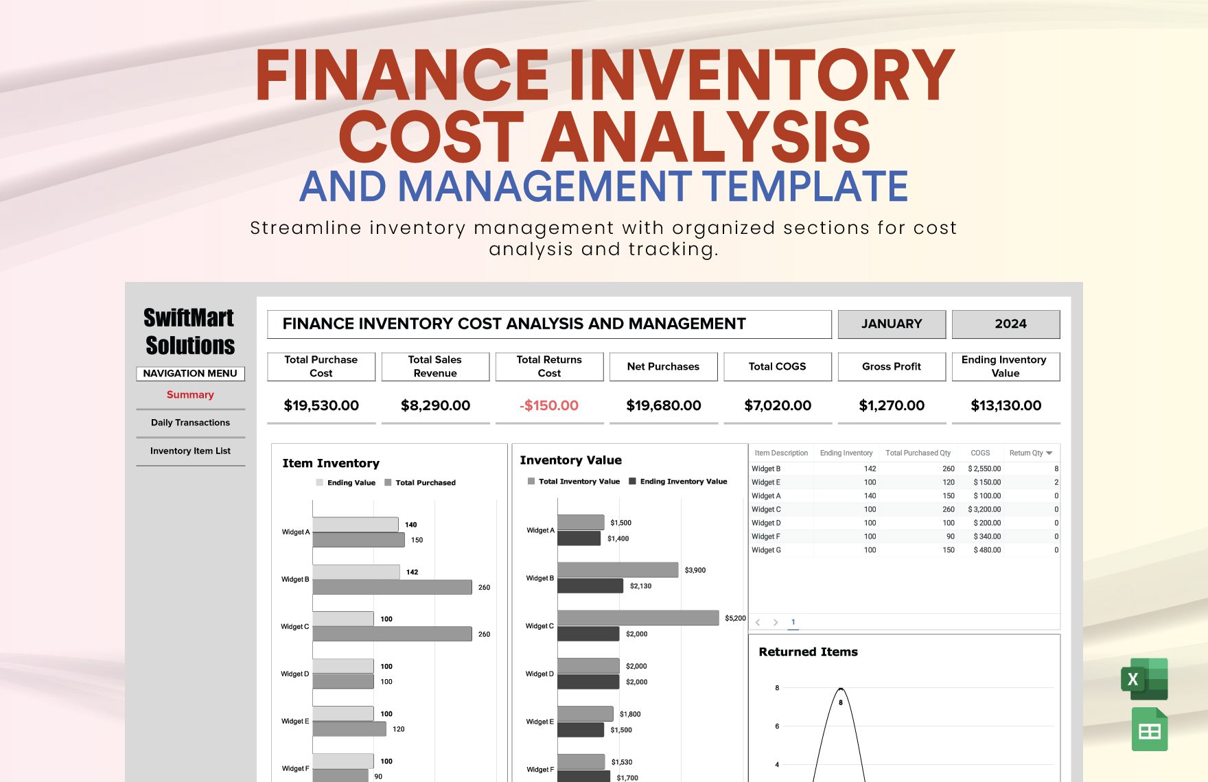 Finance Inventory Cost Analysis and Management Template in Excel, Google Sheets
