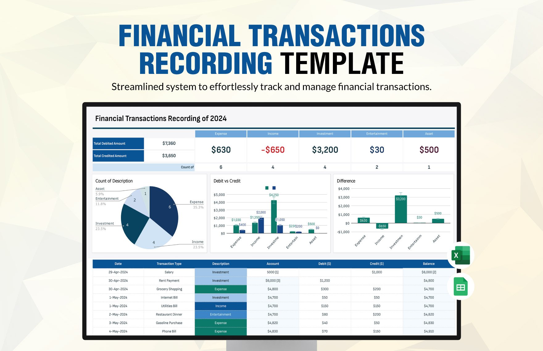 Financial Transactions Recording Template in Excel, Google Sheets