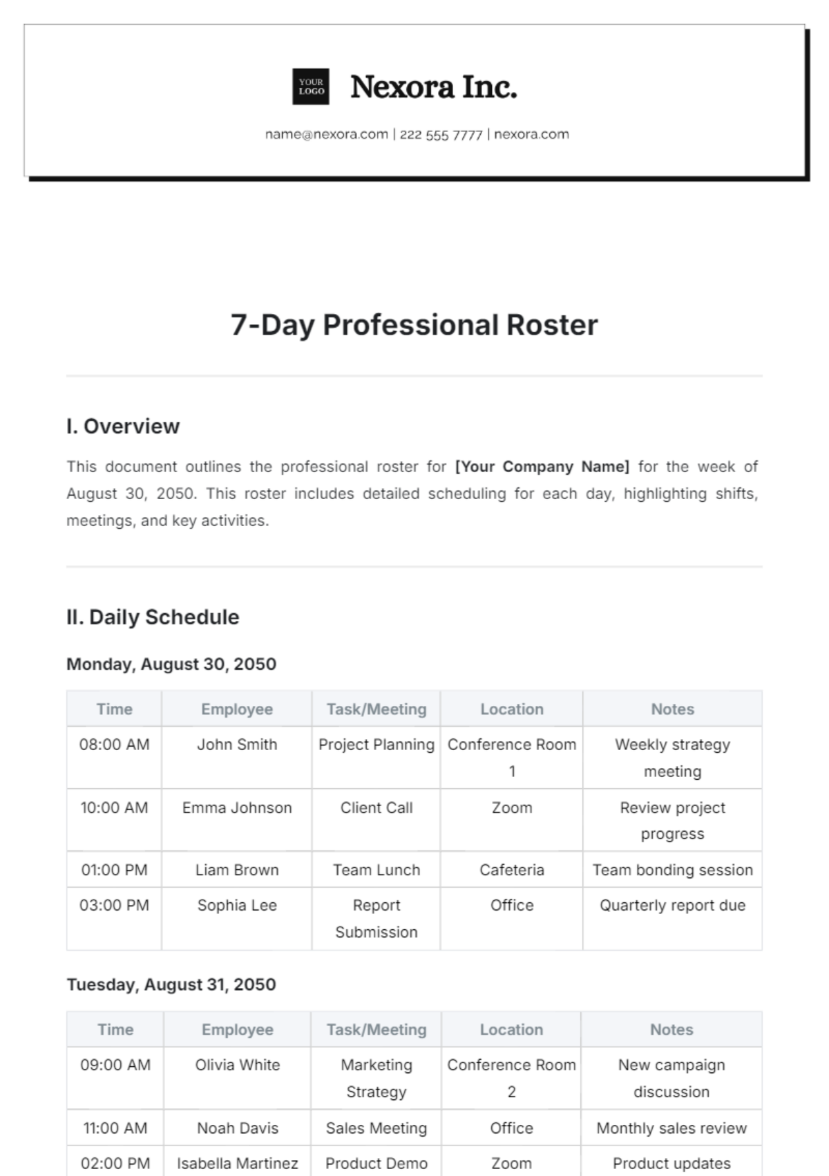 7-Day Professional Roster Template