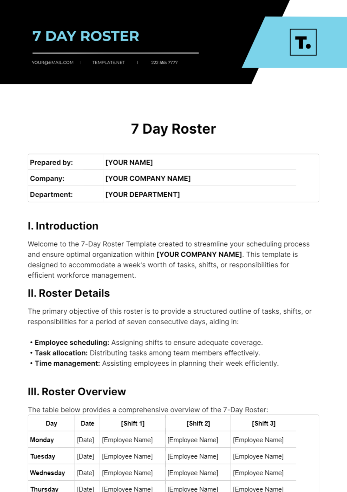 7 Day Roster Template