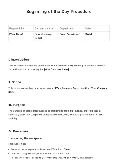 Free Beginning Of The Day Procedures Template to Edit Online
