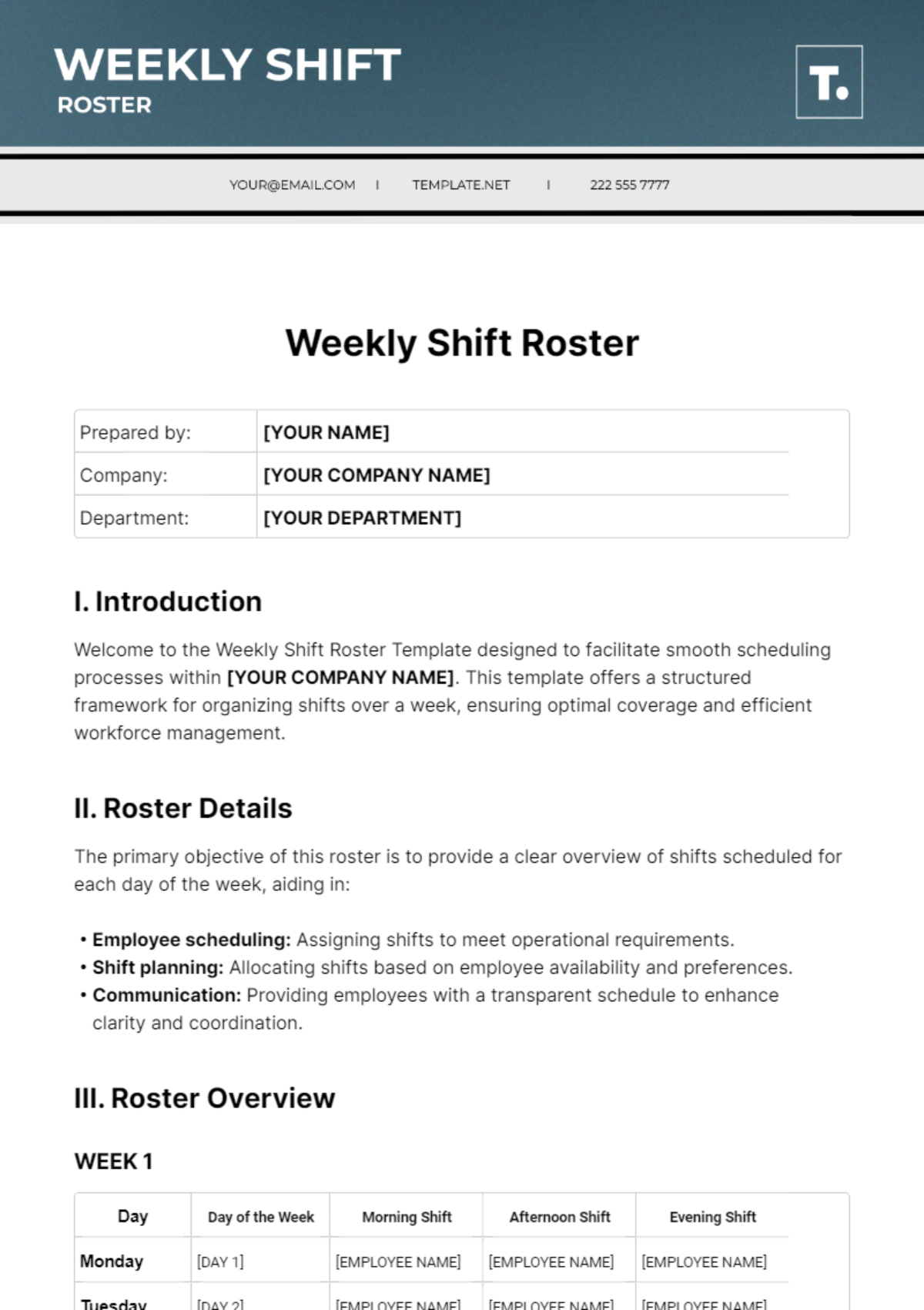 Weekly Shift Roster Template