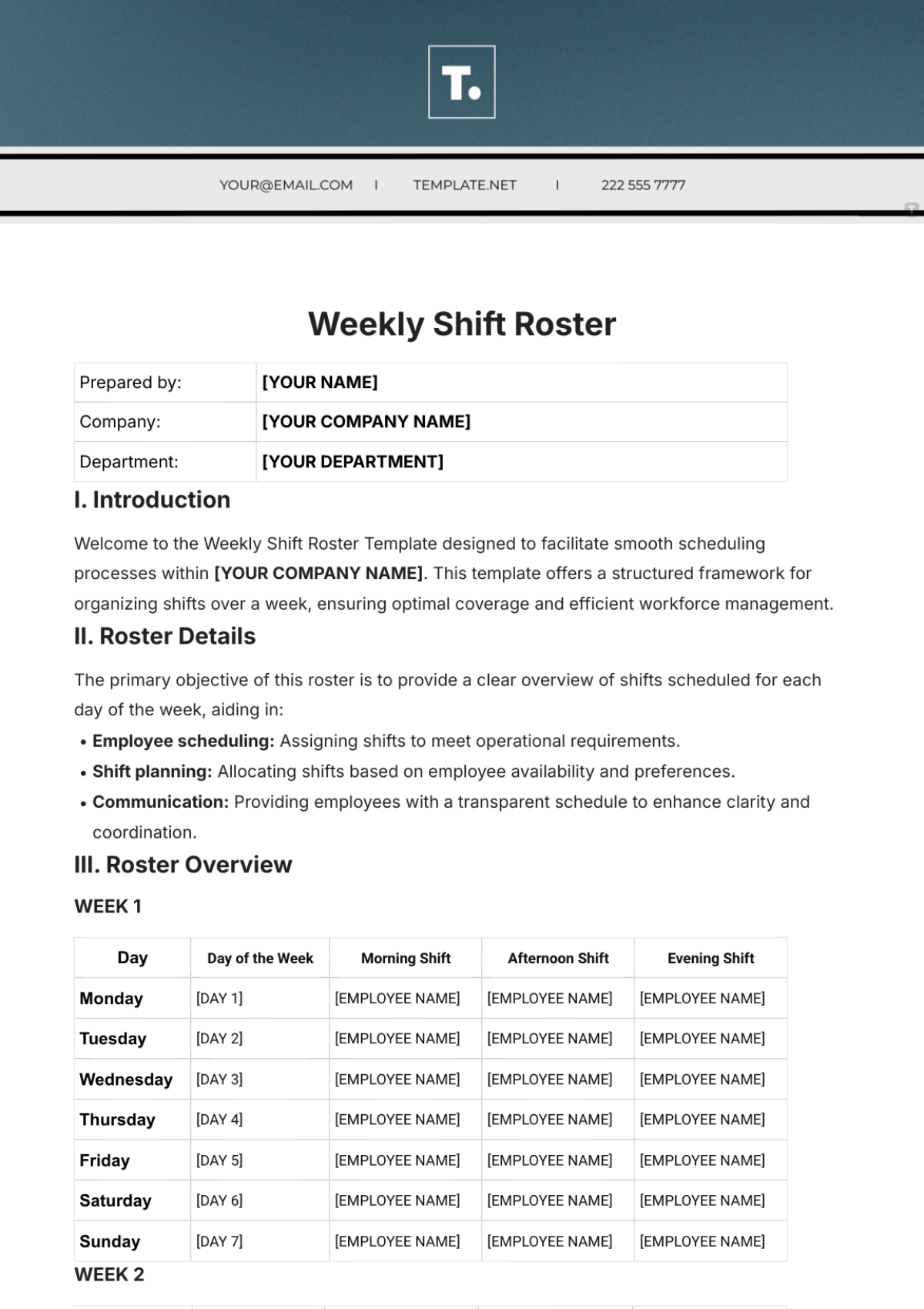 Weekly Shift Roster Template