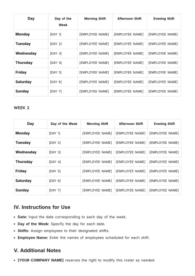 Free Weekly Shift Roster Template to Edit Online