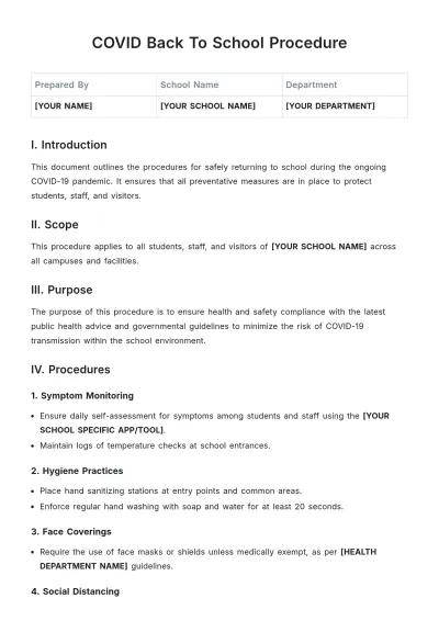 Free COVID Back To School Procedure Template to Edit Online
