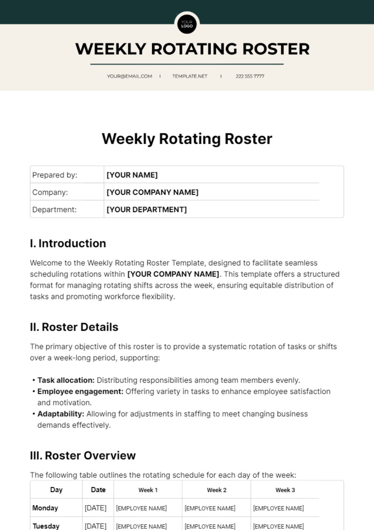 Free Weekly Rotating Roster Template