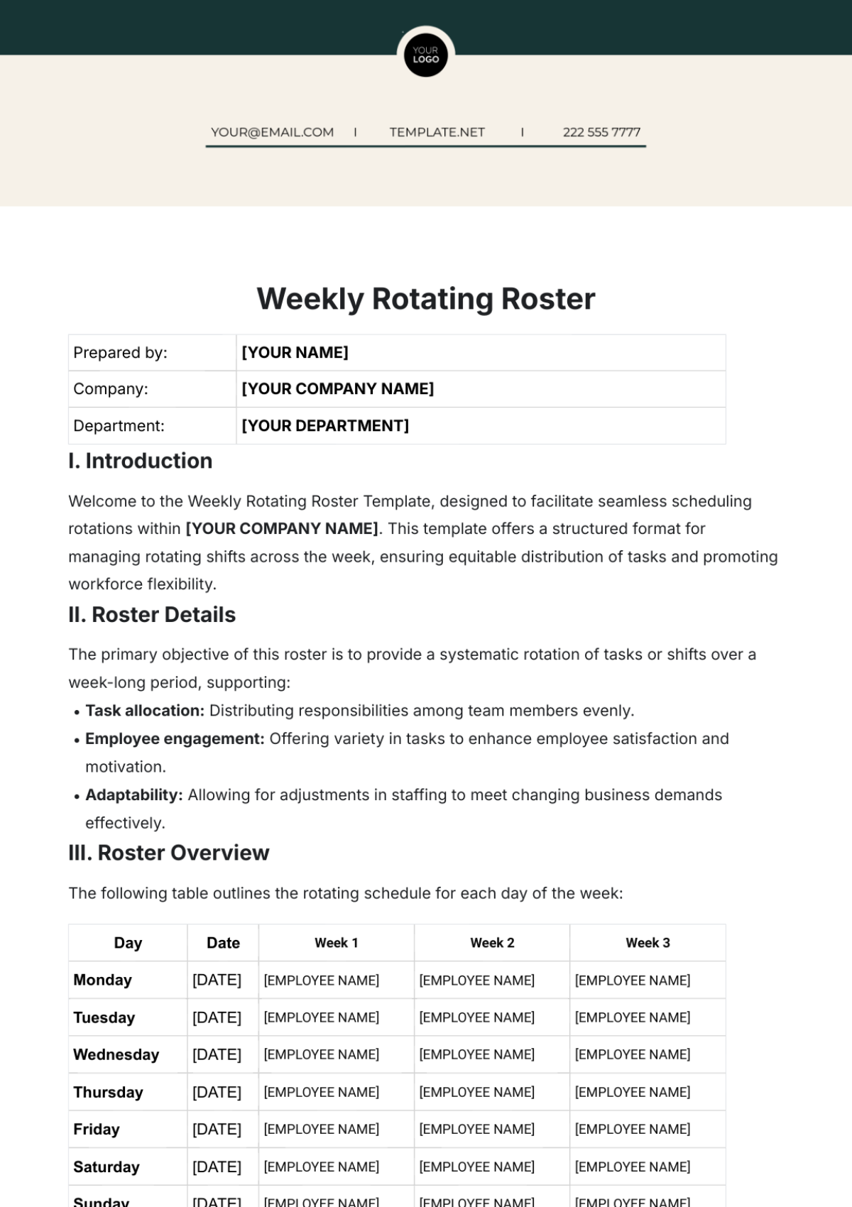 Weekly Rotating Roster Template