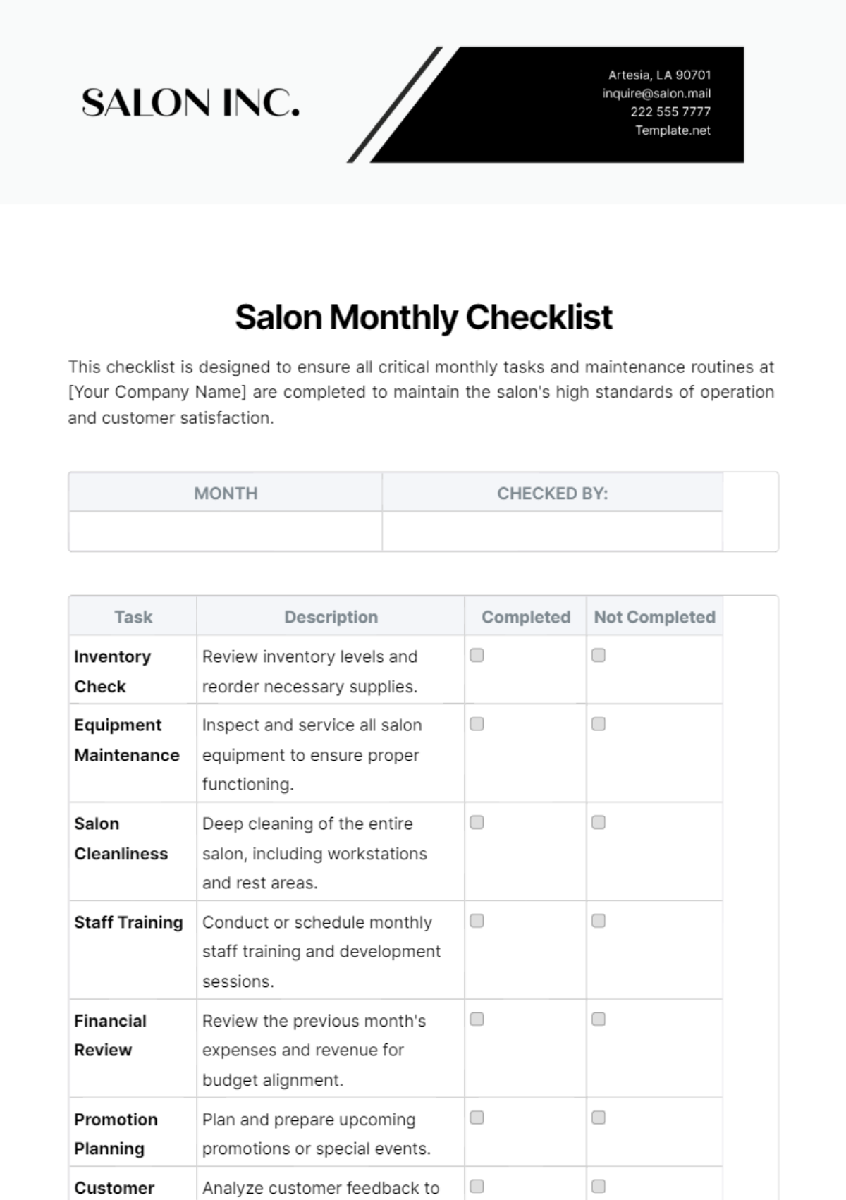 Salon Monthly Checklist Template - Edit Online & Download