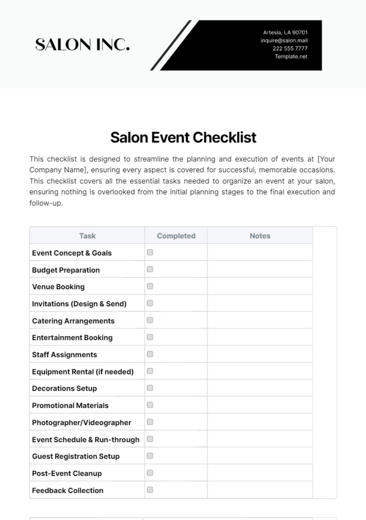 Salon Event Checklist Template - Edit Online & Download