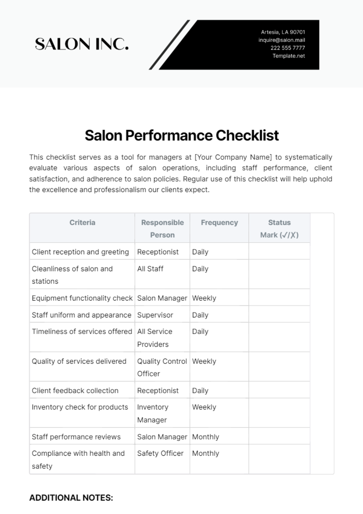 Salon Performance Checklist Template - Edit Online & Download