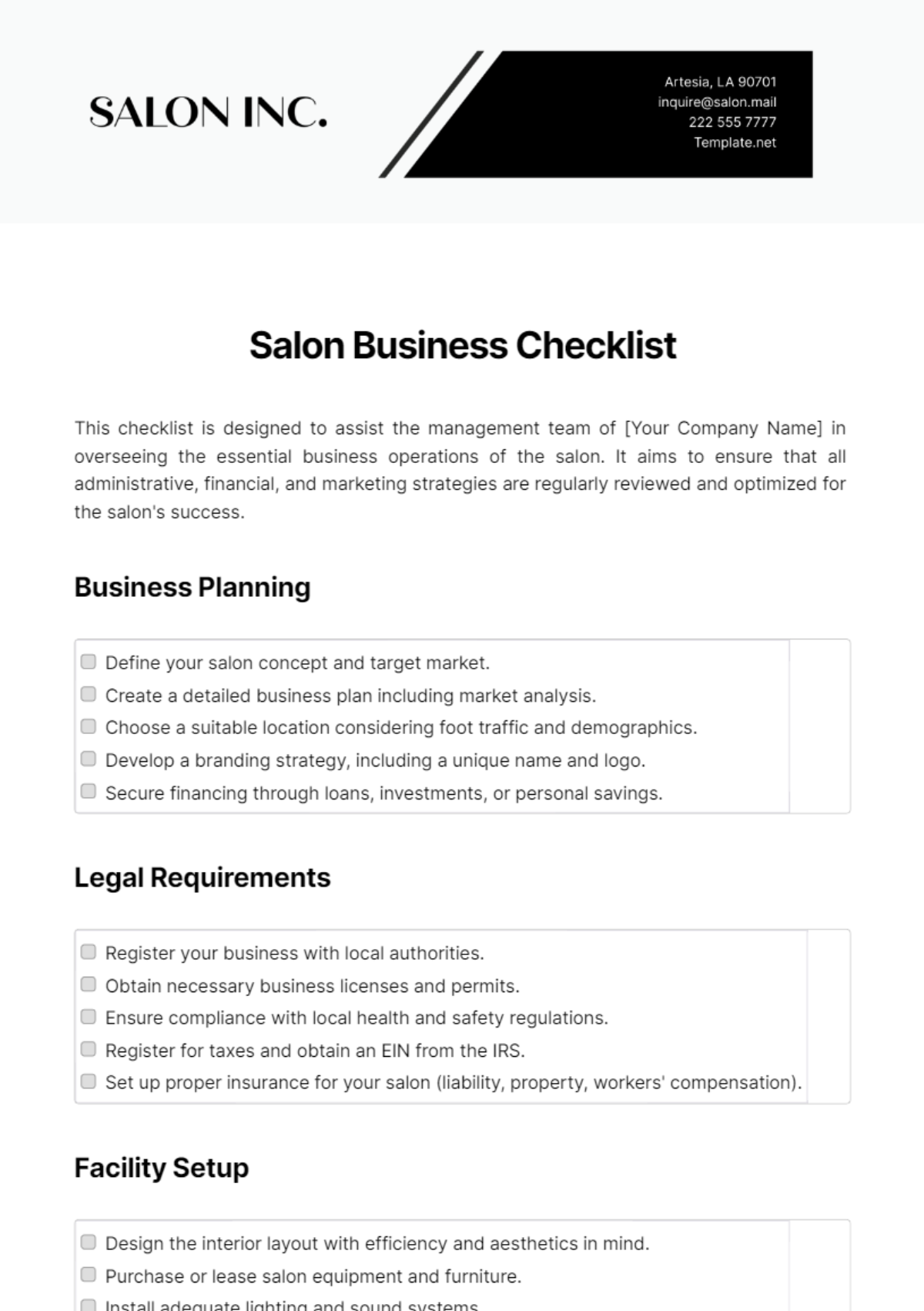 Salon Business Checklist Template - Edit Online & Download