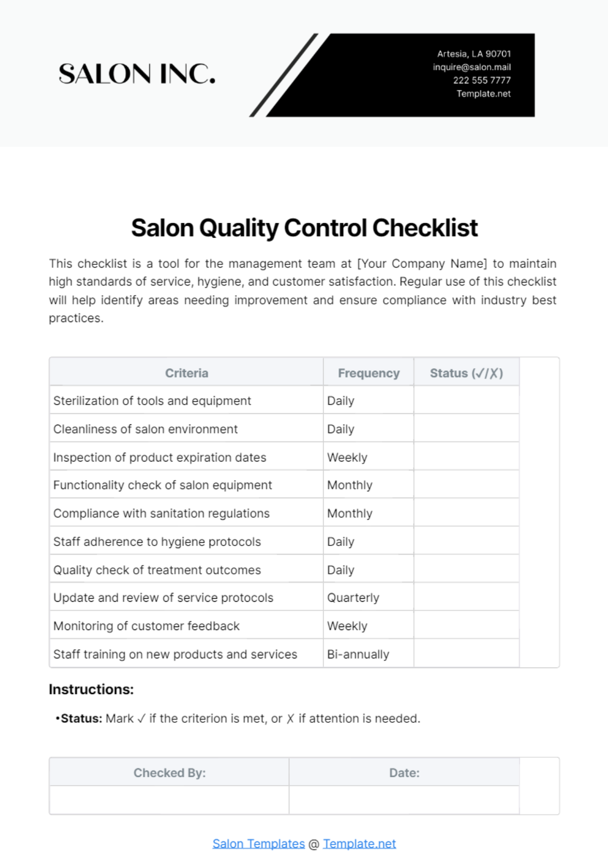 Salon Quality Control Checklist Template - Edit Online & Download