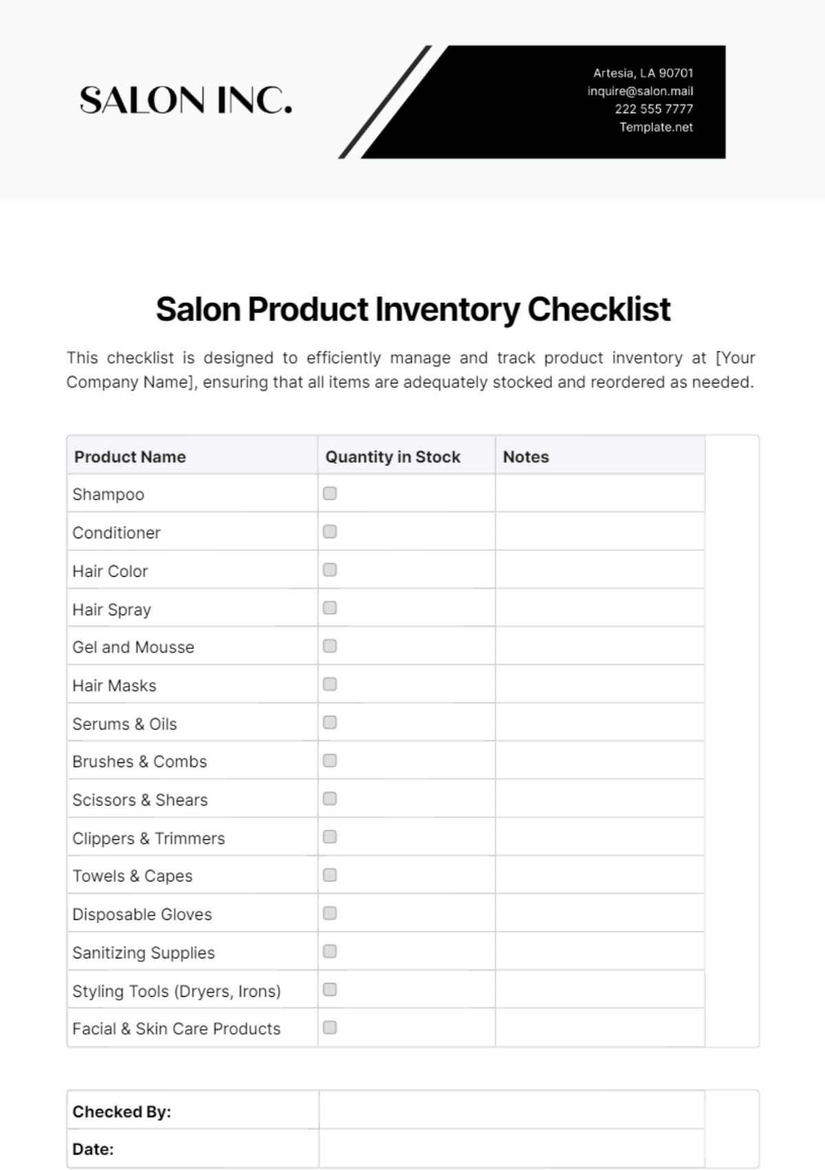 Salon Product Inventory Checklist Template - Edit Online & Download