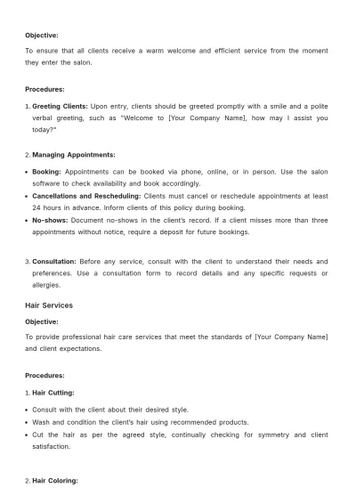 Free Salon Company Procedure Template to Edit Online