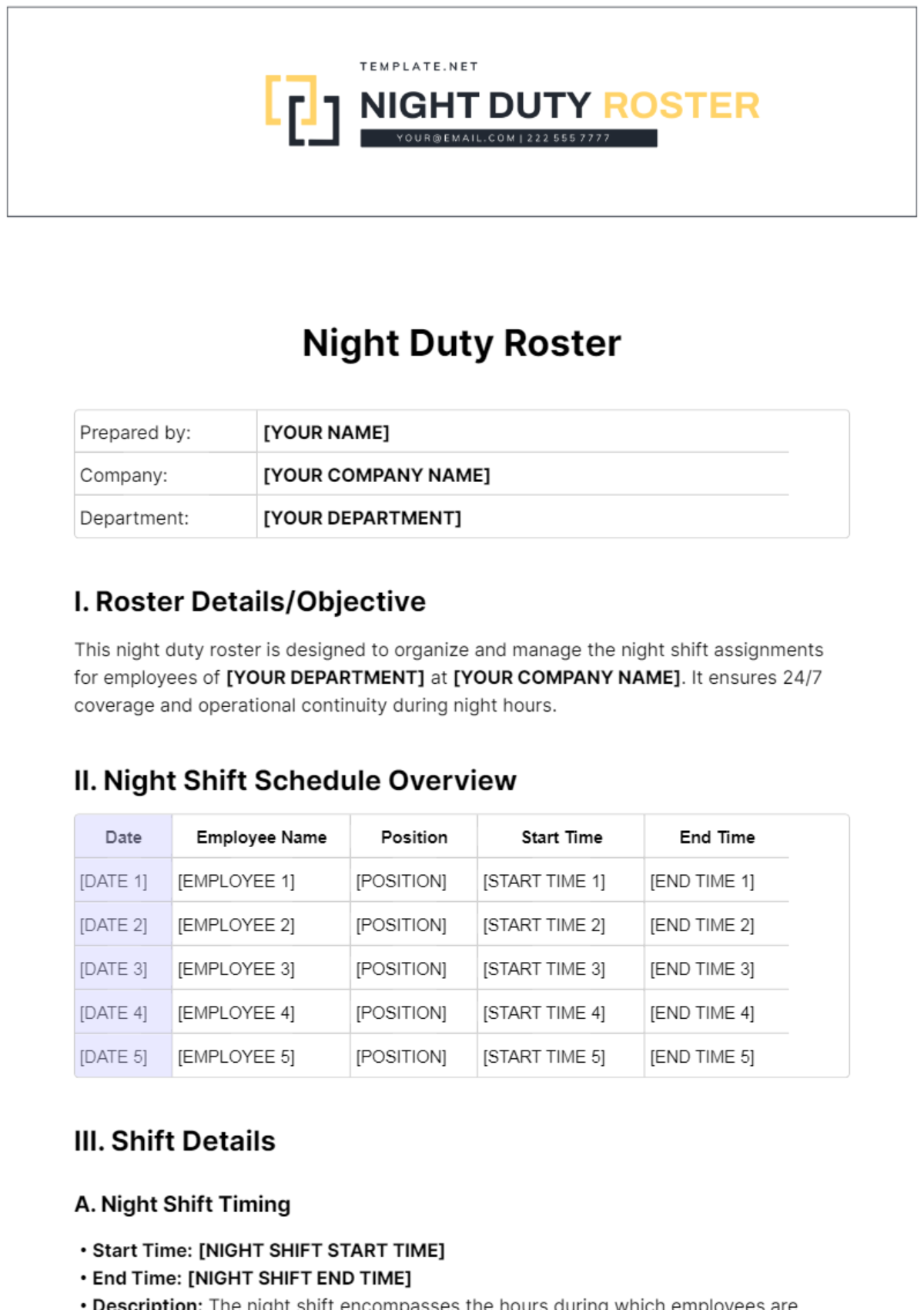Free Night Duty Roster Template