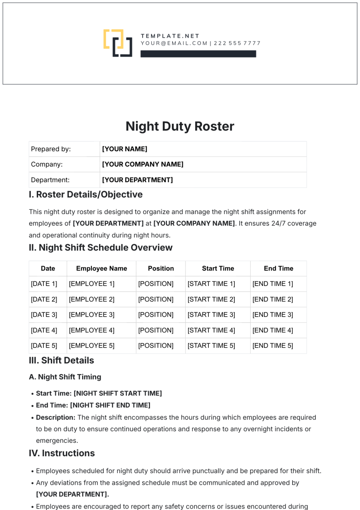 Night Duty Roster Template