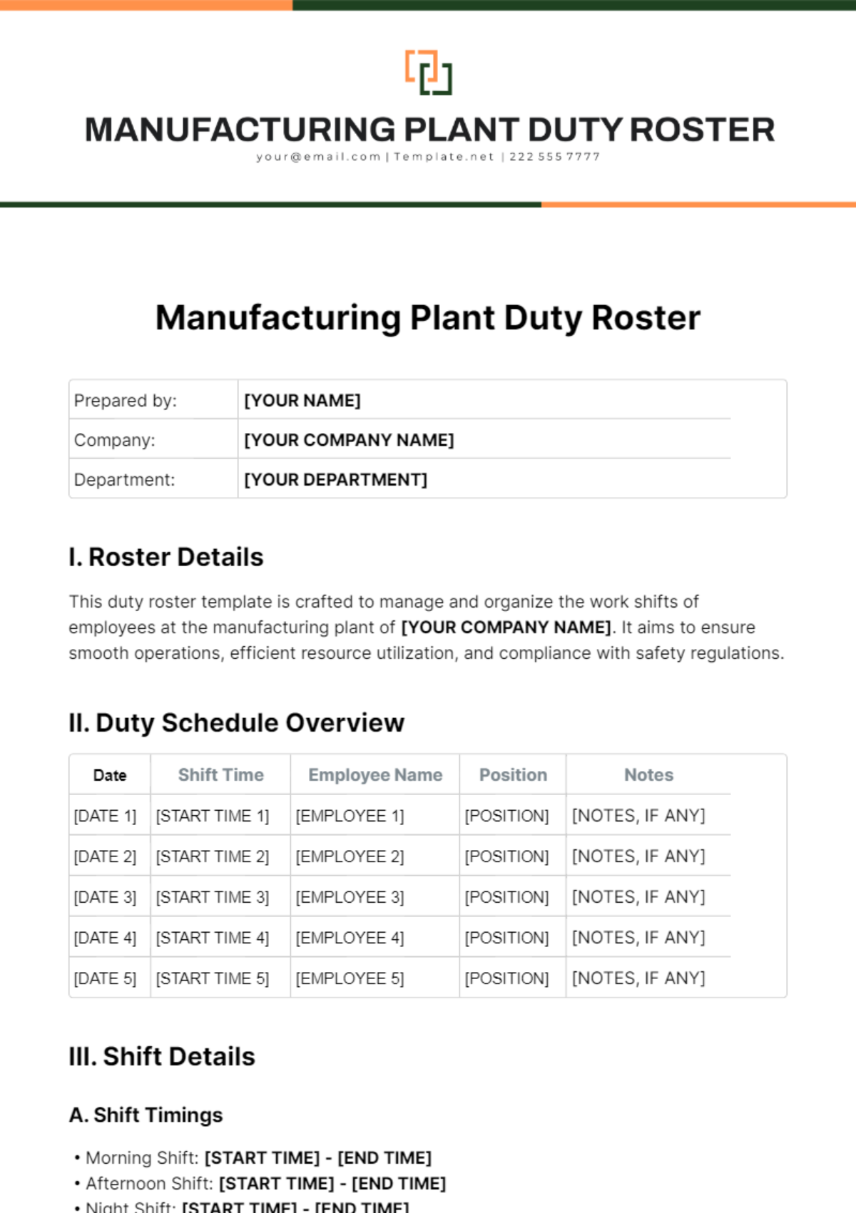 Manufacturing Plant Duty Roster Template
