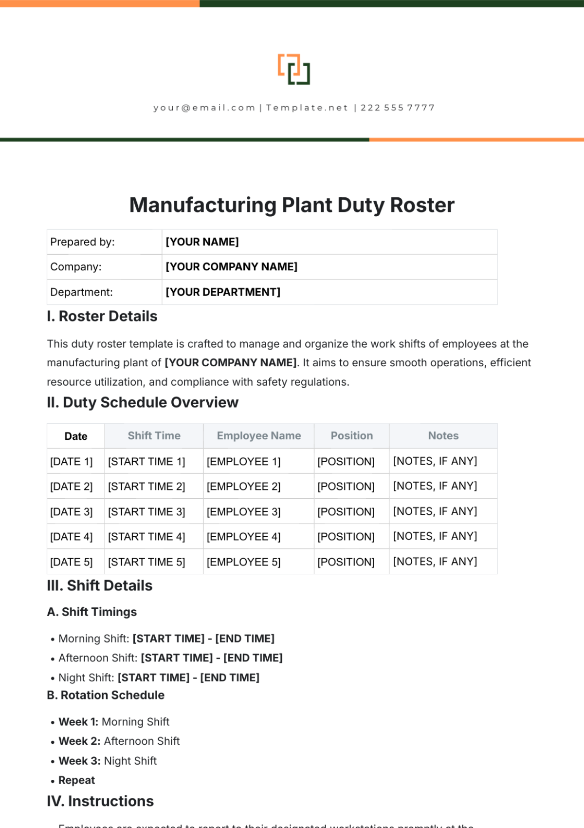 Manufacturing Plant Duty Roster Template