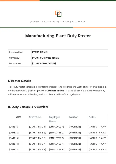 Free Manufacturing Plant Duty Roster Template to Edit Online