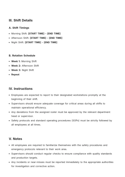 Free Manufacturing Plant Duty Roster Template to Edit Online