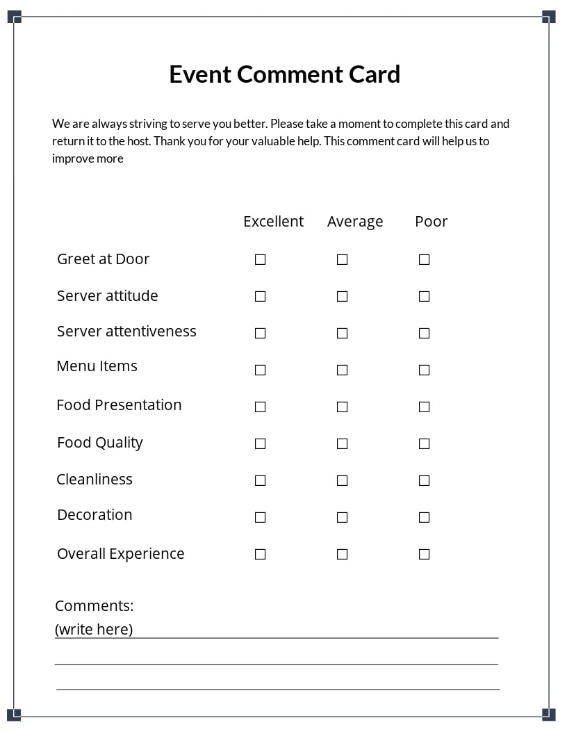 Event Comment Card Template - Google Docs, Word, Apple Pages, PDF With Restaurant Comment Card Template