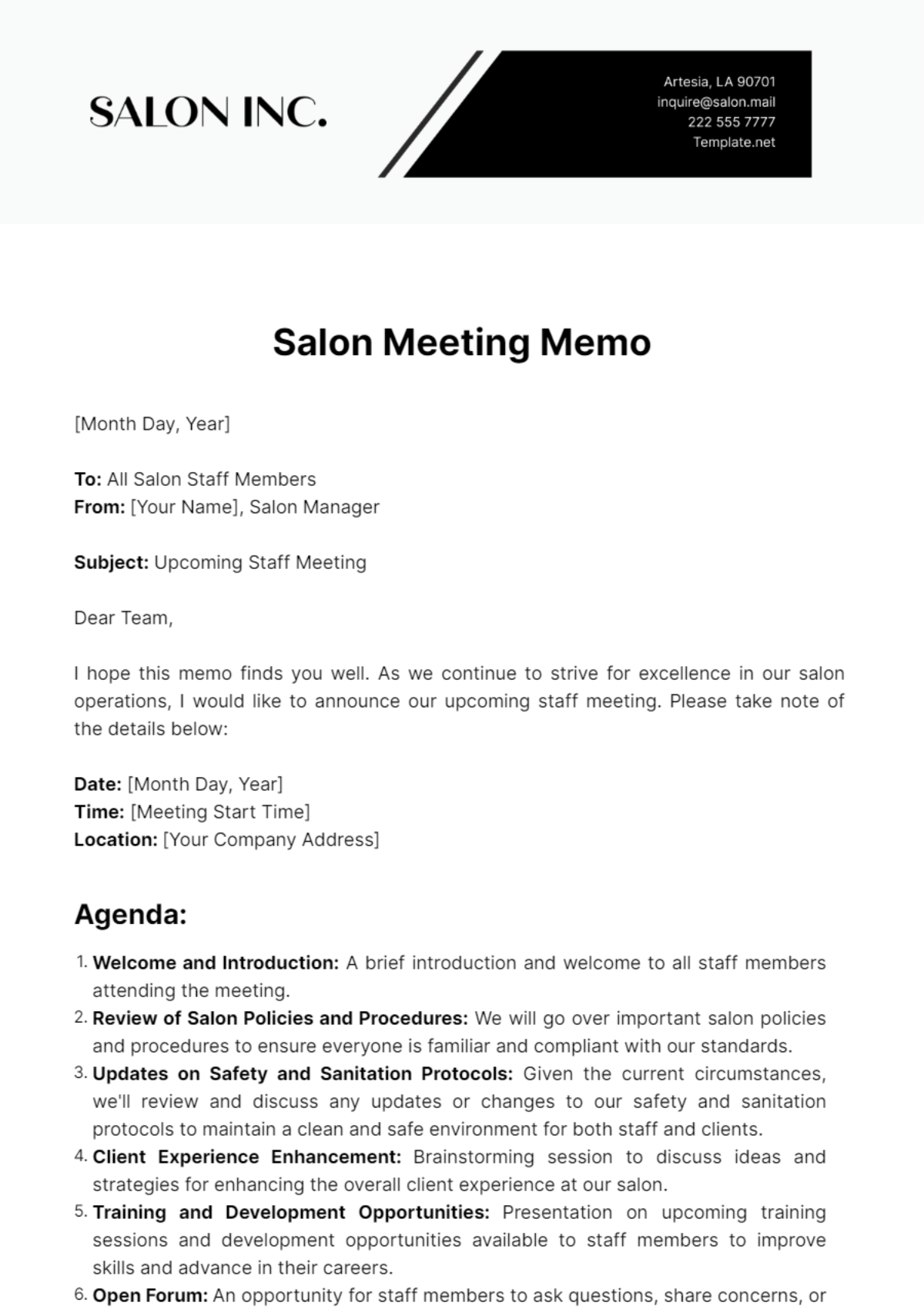 Salon Meeting Memo Template
