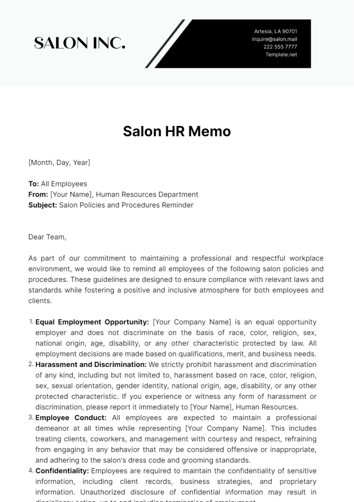 Salon HR Memo Template